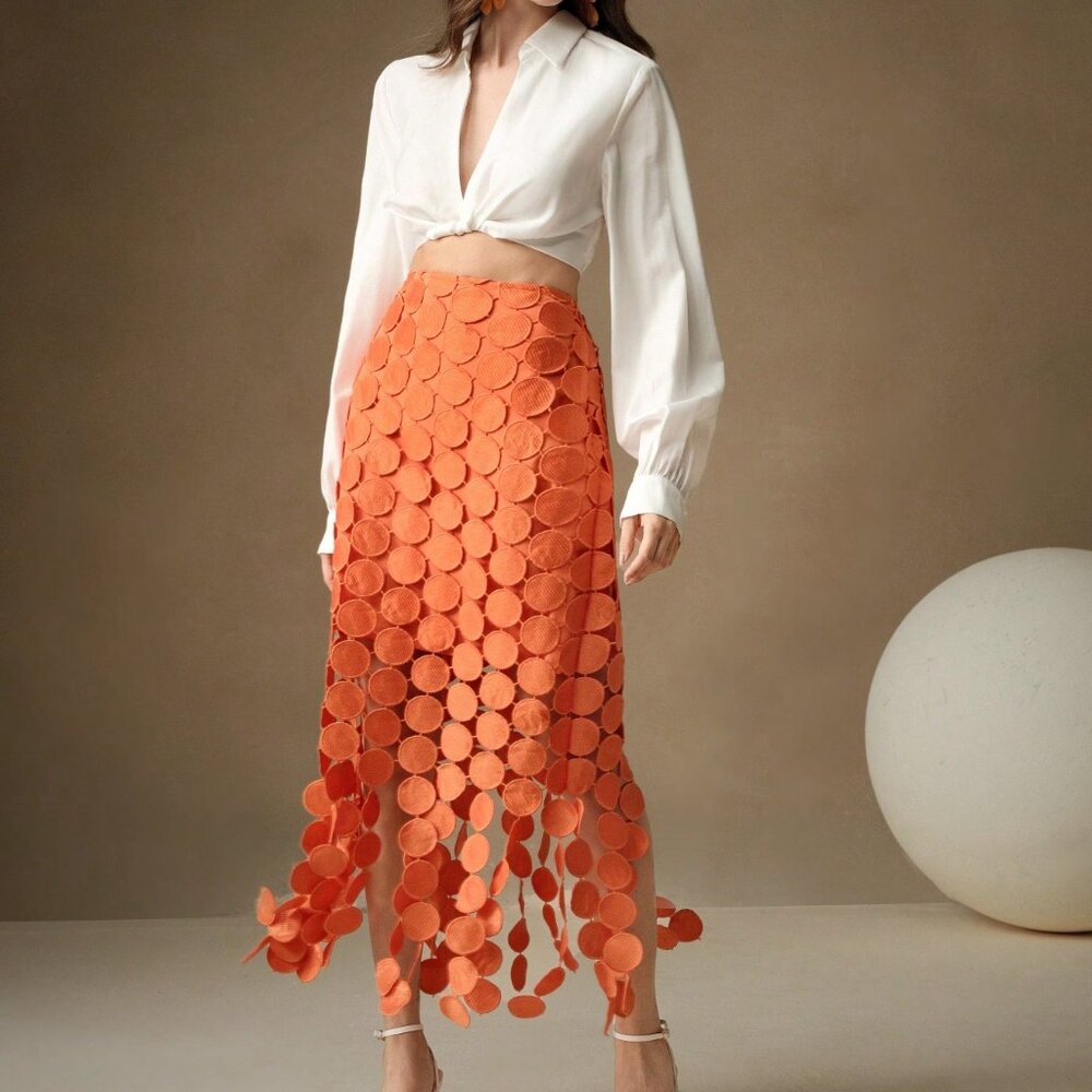 Orange Casual Women's Laser Cut Multi Circle Double Layered Skirt Maxi Outfit
